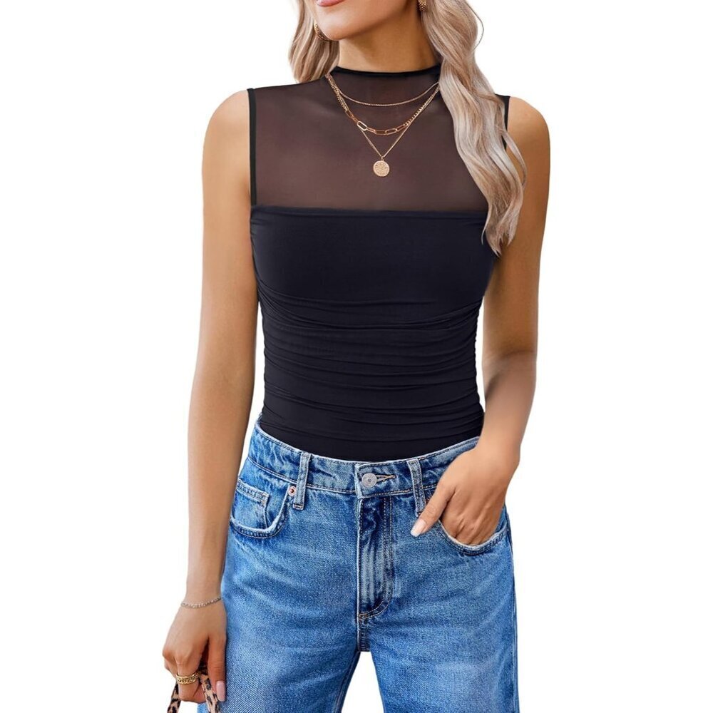 Women's Mesh Bodysuit Ruched Tank One Piece Going Out Top Slim Fit